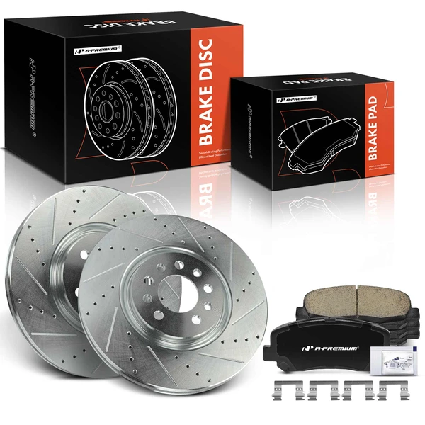 Drilled & Slotted Disc Brake Rotors and Ceramic Pads Kit, 6 Pcs, Front Driver & Passenger, A-Premium, APBRPS1142