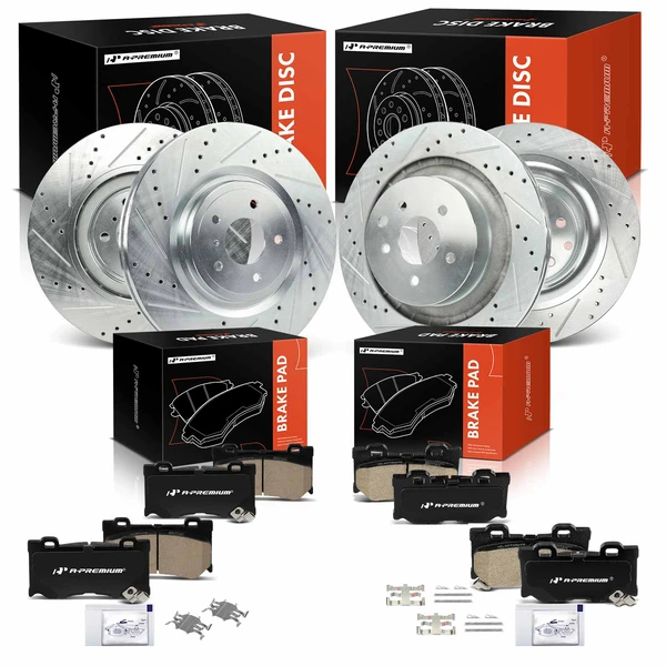 2014-2015 INFINITI Q60 Drilled & Slotted Disc Brake Rotors and Ceramic Pads Kit, 12 Pcs, Front & Rear, A-Premium, APBRPS1475