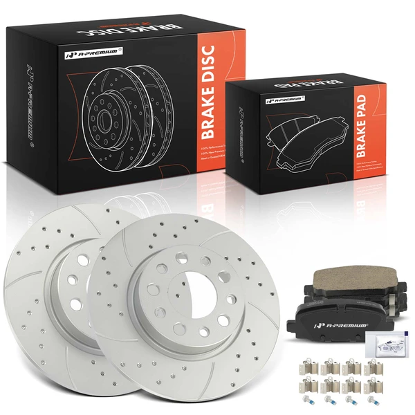 Drilled & Slotted Disc Brake Rotors and Ceramic Pads Kit, 6 Pcs, Rear Driver & Passenger, A-Premium, APBRPS1477