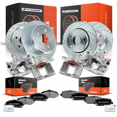 16 Pcs Front & Rear Drilled Brake Rotors & Pads + Brake Calipers for Jeep Wrangler 13-17