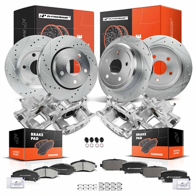 16 Pcs Front & Rear Drilled Brake Rotors & Pads + Brake Calipers