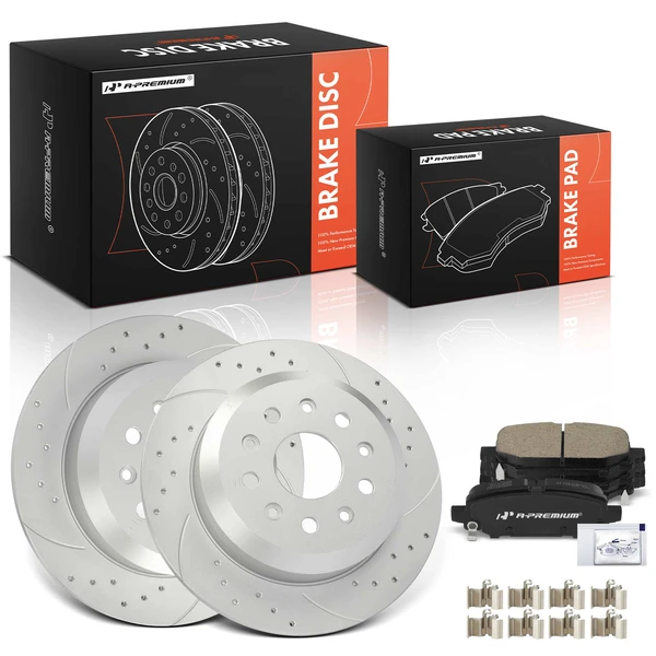 2018-2021 Jeep Wrangler Drilled & Slotted Disc Brake Rotors and Ceramic Pads Kit, 6 Pcs, Rear Driver & Passenger, A-Premium, APBRPS1478