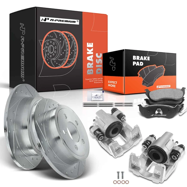 8 Pcs Rear Drilled Brake Rotors & Pads + Brake Calipers for Jeep Liberty 03-07 Wrangler TJ