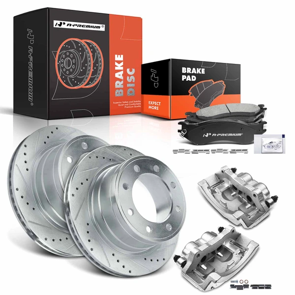 8 Pcs Rear Drilled Brake Rotors & Pads + Brake Calipers for Dodge Ram 1500 2500