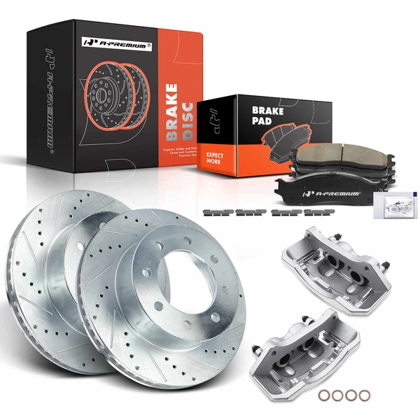 8 Pcs Front Drilled Brake Rotors & Pads + Brake Calipers for Dodge Ram 1500 2500 3500