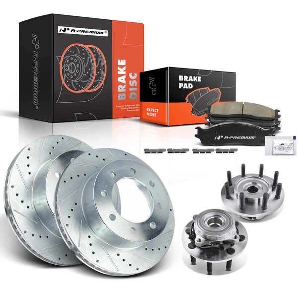 8 Pcs Front Drilled Brake Rotor & Pads + Wheel Hub Bearing for Dodge Ram 2500 3500 4WD