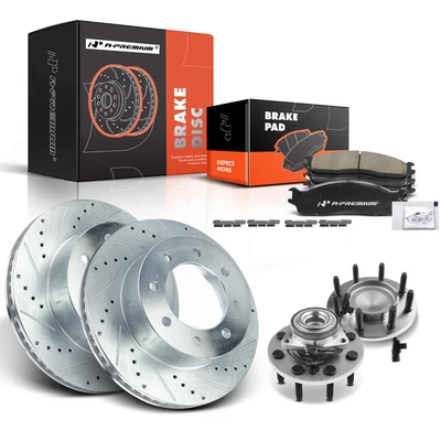 8 Pcs Front Drilled Brake Rotor & Pads + Wheel Hub Bearing