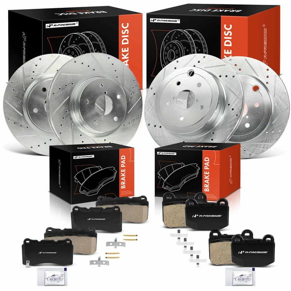 2008-2014 Subaru Impreza Drilled & Slotted Disc Brake Rotors and Ceramic Pads Kit, 12 Pcs, Front & Rear, A-Premium, APBRPS1480
