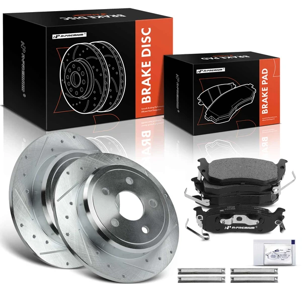 Drilled & Slotted Disc Brake Rotors and Ceramic Pads Kit, 6 Pcs, Rear Driver & Passenger, A-Premium, APBRPS343