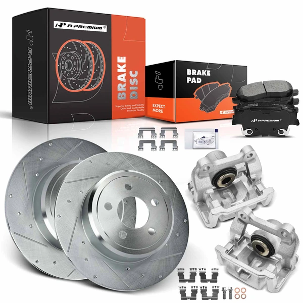 8 Pcs Rear Drilled Brake Rotors & Pads + Brake Calipers for 2005-2021 Chrysler 300