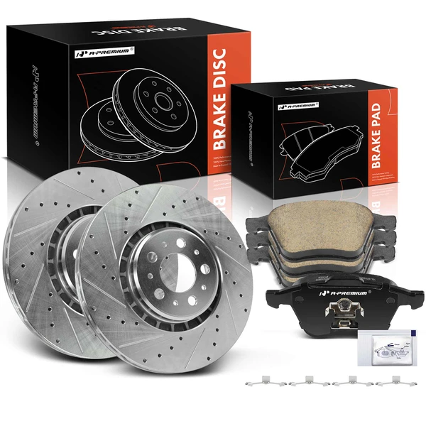 2003-2014 Volvo XC90 Drilled & Slotted Disc Brake Rotors and Ceramic Pads Kit, 6 Pcs, Front Driver & Passenger, A-Premium, APBRPS1468
