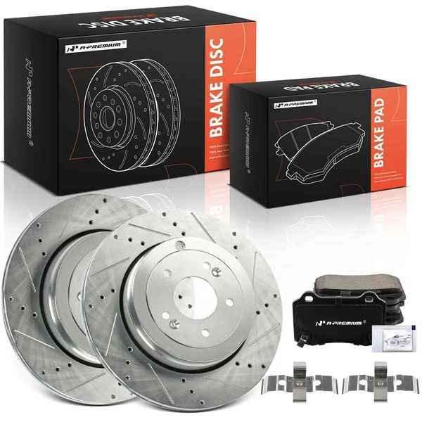 Drilled & Slotted Disc Brake Rotors and Ceramic Pads Kit, 6 Pcs, Rear Driver & Passenger, A-Premium, APBRPS1485