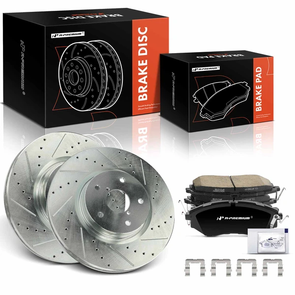 2015-2021 Subaru WRX Drilled & Slotted Disc Brake Rotors and Ceramic Pads Kit, 6 Pcs, Front Driver & Passenger, A-Premium, APBRPS1168
