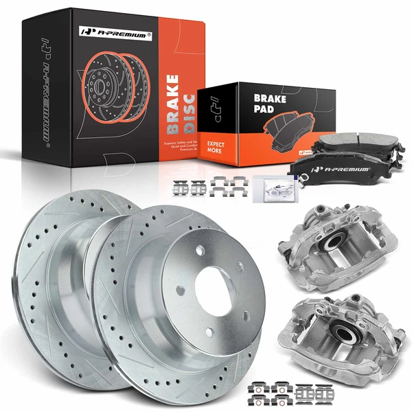 8 Pcs Rear Drilled Brake Rotors & Pads + Brake Calipers for 1998-2000 Isuzu Hombre