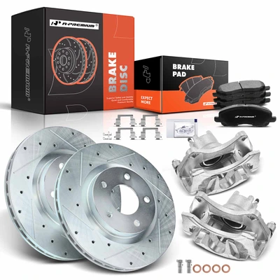 8 Pcs Front Drilled Brake Rotors & Pads + Brake Calipers