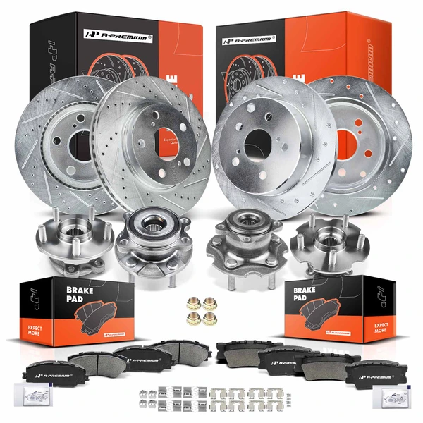16 Pcs Front & Rear Drilled Brake Rotor & Pads + Wheel Hub Bearing for Toyota RAV4