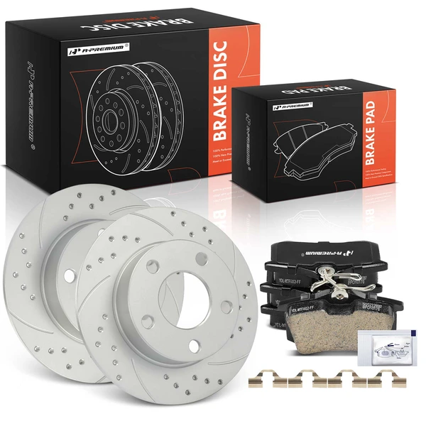 Drilled & Slotted Disc Brake Rotors and Ceramic Pads Kit, 6 Pcs, Rear Driver & Passenger, A-Premium, APBRPS1489