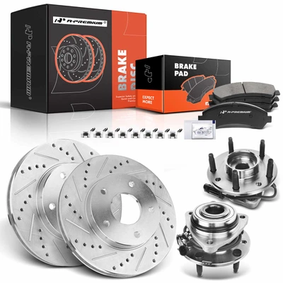 8 Pcs Front Drilled Brake Rotor & Pads + Wheel Hub Bearing