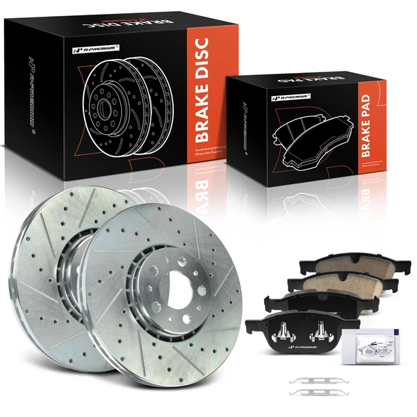 2003-2014 Volvo XC90 Drilled & Slotted Disc Brake Rotors and Ceramic Pads Kit, 6 Pcs, Front Driver & Passenger, A-Premium, APBRPS1469