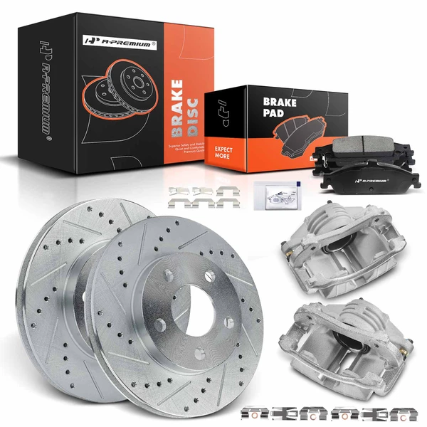8 Pcs Front Drilled Brake Rotors & Pads + Brake Calipers for Chevrolet Classic Oldsmobile