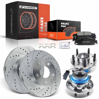 8 Pcs Front Drilled Brake Rotor & Pads + Wheel Hub Bearing