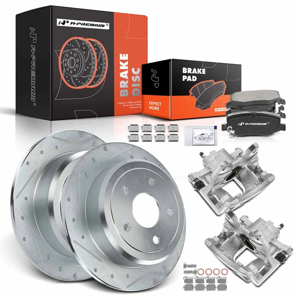 8 Pcs Rear Drilled Brake Rotors & Pads + Brake Calipers for Jeep Wrangler 2007-2017