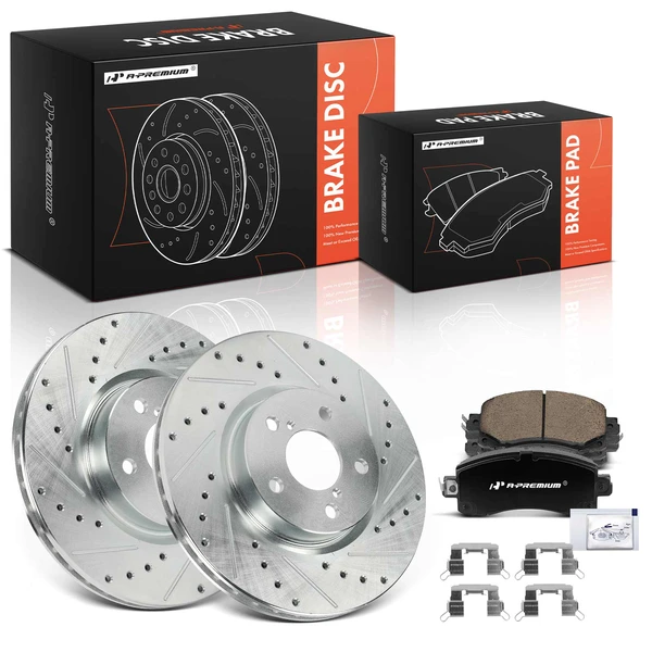 2017-2023 Subaru Impreza Drilled & Slotted Disc Brake Rotors and Ceramic Pads Kit, 6 Pcs, Front Driver & Passenger, A-Premium, APBRPS1488