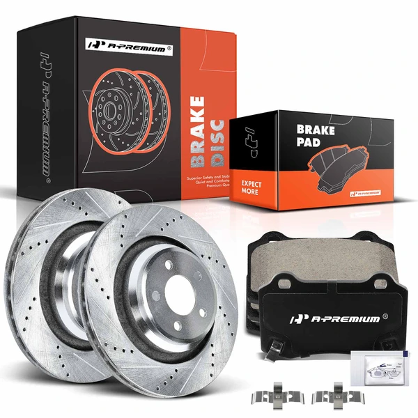 Drilled & Slotted Disc Brake Rotors and Ceramic Pads Kit, 6 Pcs, Rear Driver & Passenger, A-Premium, APBRPS952