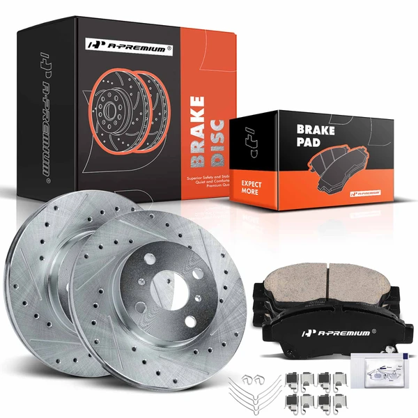 Drilled & Slotted Disc Brake Rotors and Ceramic Pads Kit, 6 Pcs, Front Driver & Passenger, A-Premium, APBRPS608