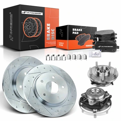 8 Pcs Rear Drilled Brake Rotor & Pads + Wheel Hub Bearing