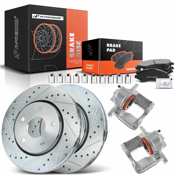 8 Pcs Front Drilled Brake Rotors & Pads + Brake Calipers for 2013-2015 Ram C/V