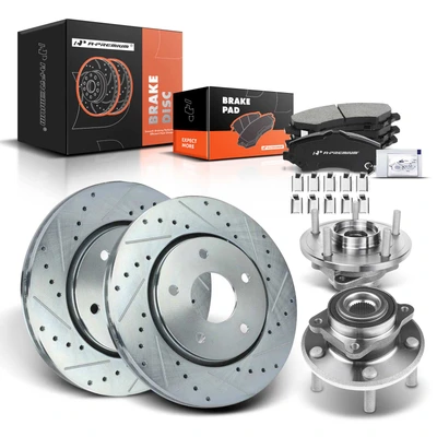 8 Pcs Front Drilled Brake Rotor & Pads + Wheel Hub Bearing