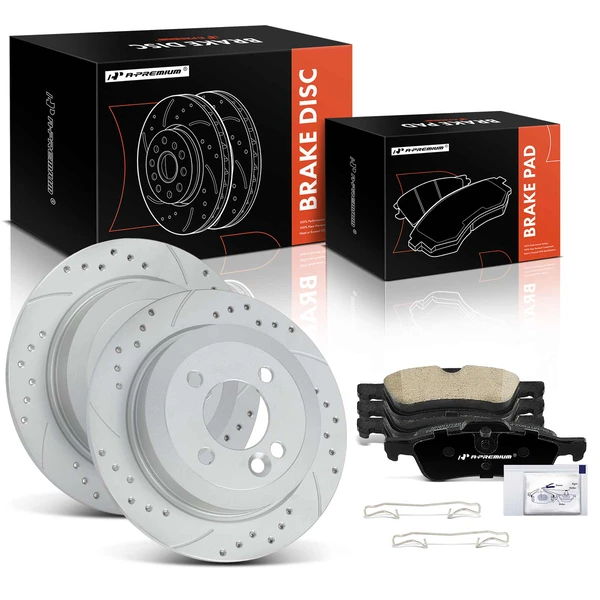 2002-2006 Mini Cooper Drilled & Slotted Disc Brake Rotors and Ceramic Pads Kit, 6 Pcs, Rear Driver & Passenger, A-Premium, APBRPS1494