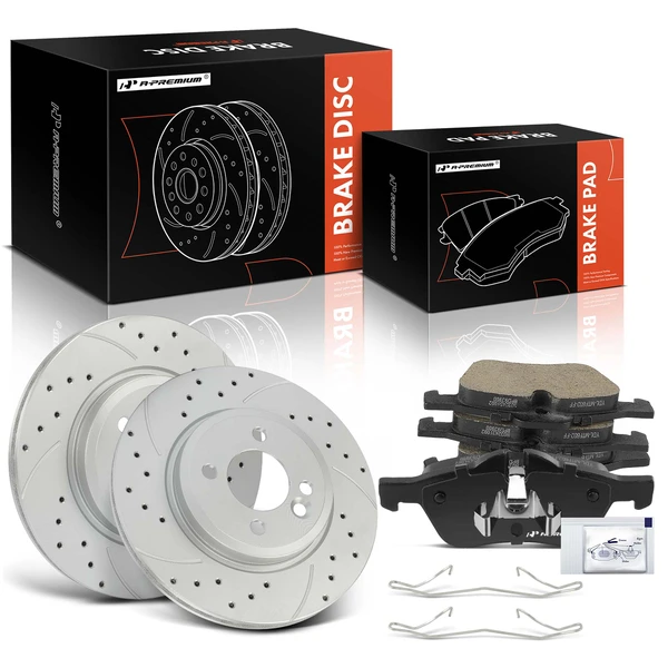 2002-2006 Mini Cooper Drilled & Slotted Disc Brake Rotors and Ceramic Pads Kit, 6 Pcs, Front Driver & Passenger, A-Premium, APBRPS1495
