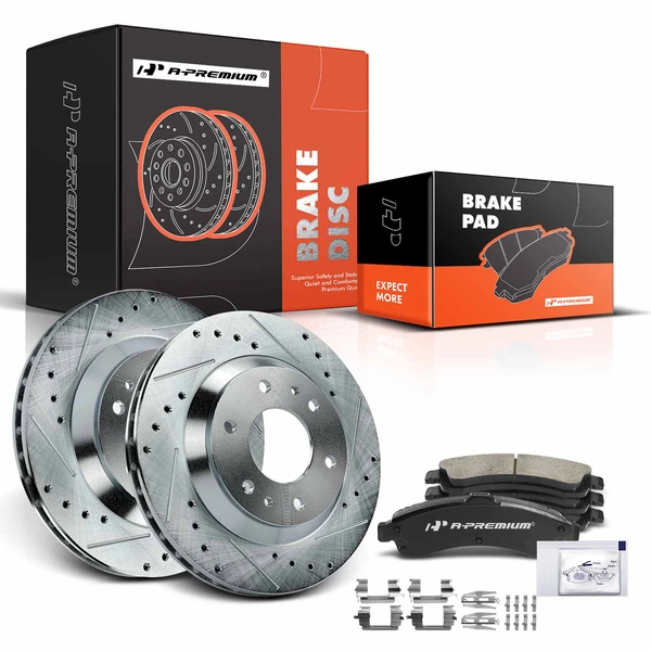 2002-2004 Oldsmobile Bravada Drilled & Slotted Disc Brake Rotors and Ceramic Pads Kit, 6 Pcs, Front Driver & Passenger, A-Premium, APBRPS1031