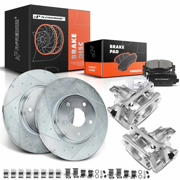 2012-2014 Volkswagen Routan Drilled & Slotted Disc Brake Rotors and Ceramic Pads Kit with Calipers, 8 Pcs, Rear Driver & Passenger, A-Premium, APBRPS488