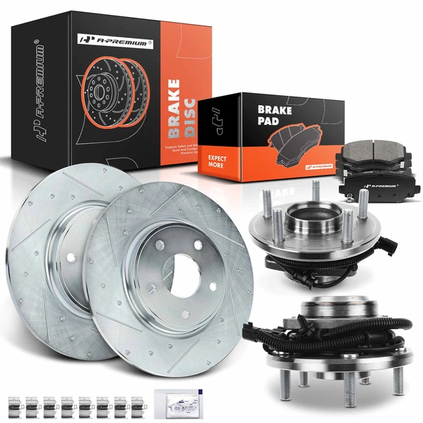 2012-2020 Dodge Grand Caravan Drilled & Slotted Disc Brake Rotors and Ceramic Pads Kit with Calipers, 8 Pcs, Rear Driver & Passenger, A-Premium, APBRPS491
