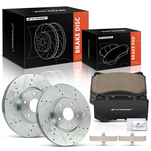 2004-2008 Acura TL Drilled & Slotted Disc Brake Rotors and Ceramic Pads Kit, 6 Pcs, Front Driver & Passenger, A-Premium, APBRPS1493