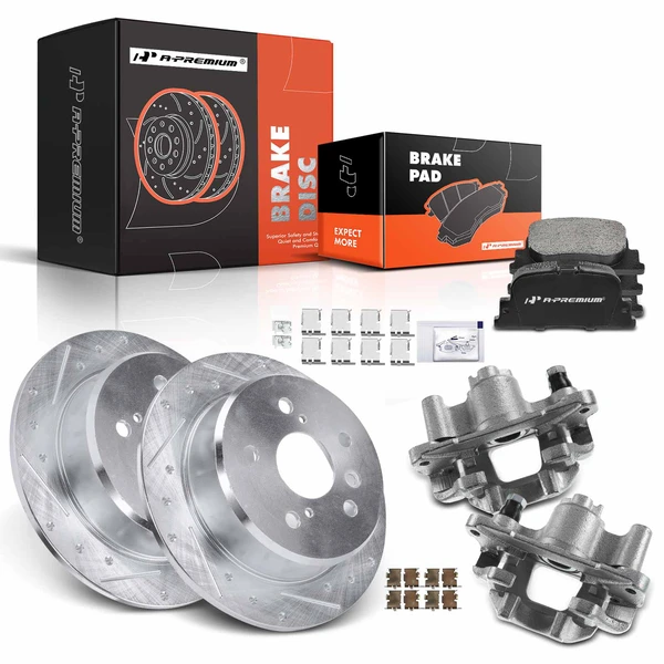 8 Pcs Rear Drilled Brake Rotors & Pads + Brake Calipers for Toyota Camry Lexus ES300 00-01