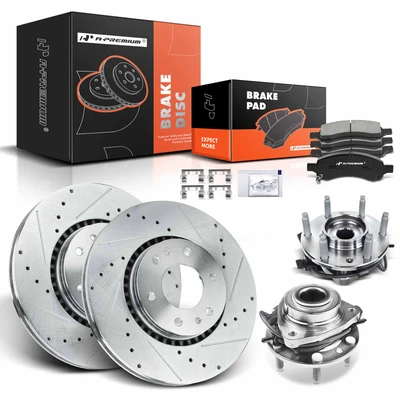 8 Pcs Front Drilled Brake Rotor & Pads + Wheel Hub Bearing