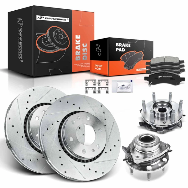 8 Pcs Front Drilled Brake Rotor & Pads + Wheel Hub Bearing for 2006-2009 Saab 9-7x