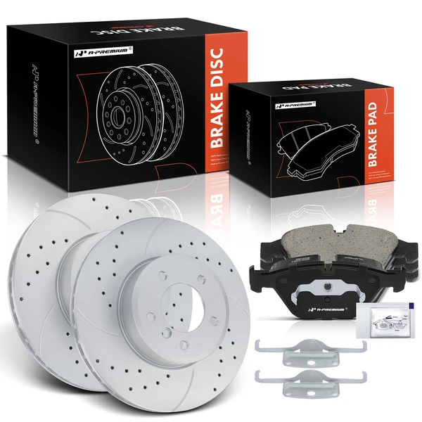 2009-2010 BMW 535i xDrive Drilled & Slotted Disc Brake Rotors and Ceramic Pads Kit, 6 Pcs, Front Driver & Passenger, A-Premium, APBRPS1496