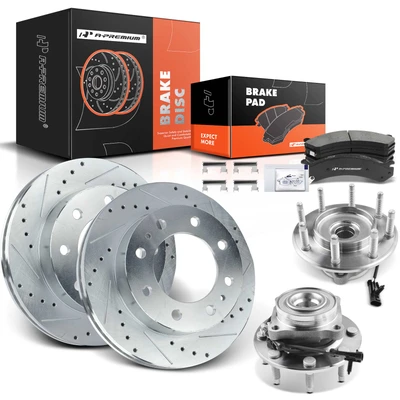 8 Pcs Front Drilled Brake Rotor & Pads + Wheel Hub Bearing