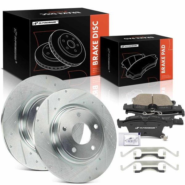 2017-2022 Chrysler Pacifica Drilled & Slotted Disc Brake Rotors and Ceramic Pads Kit, 6 Pcs, Rear Driver & Passenger, A-Premium, APBRPS1504