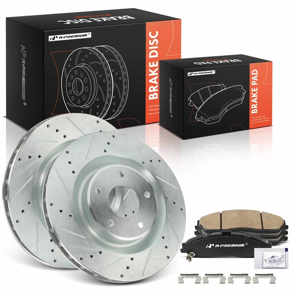 Drilled & Slotted Disc Brake Rotors and Ceramic Pads Kit, 6 Pcs, Front Driver & Passenger, A-Premium, APBRPS1581