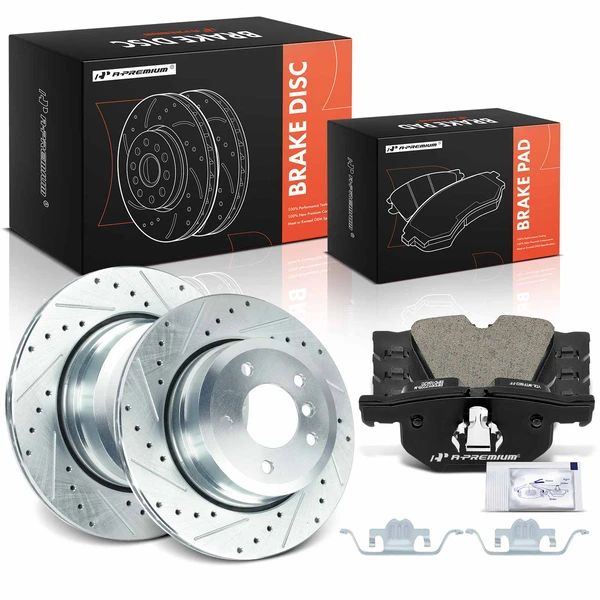 2008 BMW 535xi Drilled & Slotted Disc Brake Rotors and Ceramic Pads Kit, 6 Pcs, Rear Driver & Passenger, A-Premium, APBRPS1505