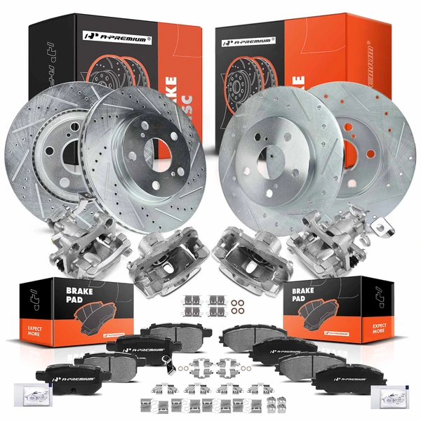 16 Pcs Front & Rear Drilled Brake Rotors & Pads + Brake Calipers for Scion xB 08-15 2.4L