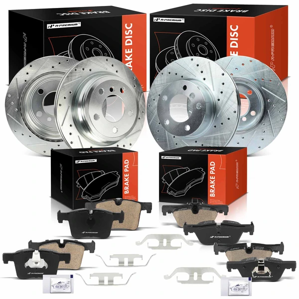 Drilled & Slotted Disc Brake Rotors and Ceramic Pads Kit, 12 Pcs, Front & Rear, A-Premium, APBRPS1501