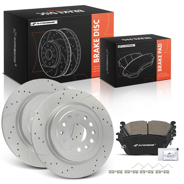 2019-2022 Ram 1500 Drilled & Slotted Disc Brake Rotors and Ceramic Pads Kit, 6 Pcs, Rear Driver & Passenger, A-Premium, APBRPS1502