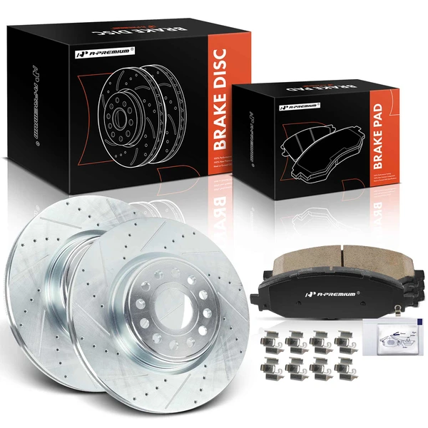 Drilled Brake Rotors and Brake Pads Kit, 6 Pcs, Front Driver & Passenger, A-Premium, APBRPS1571